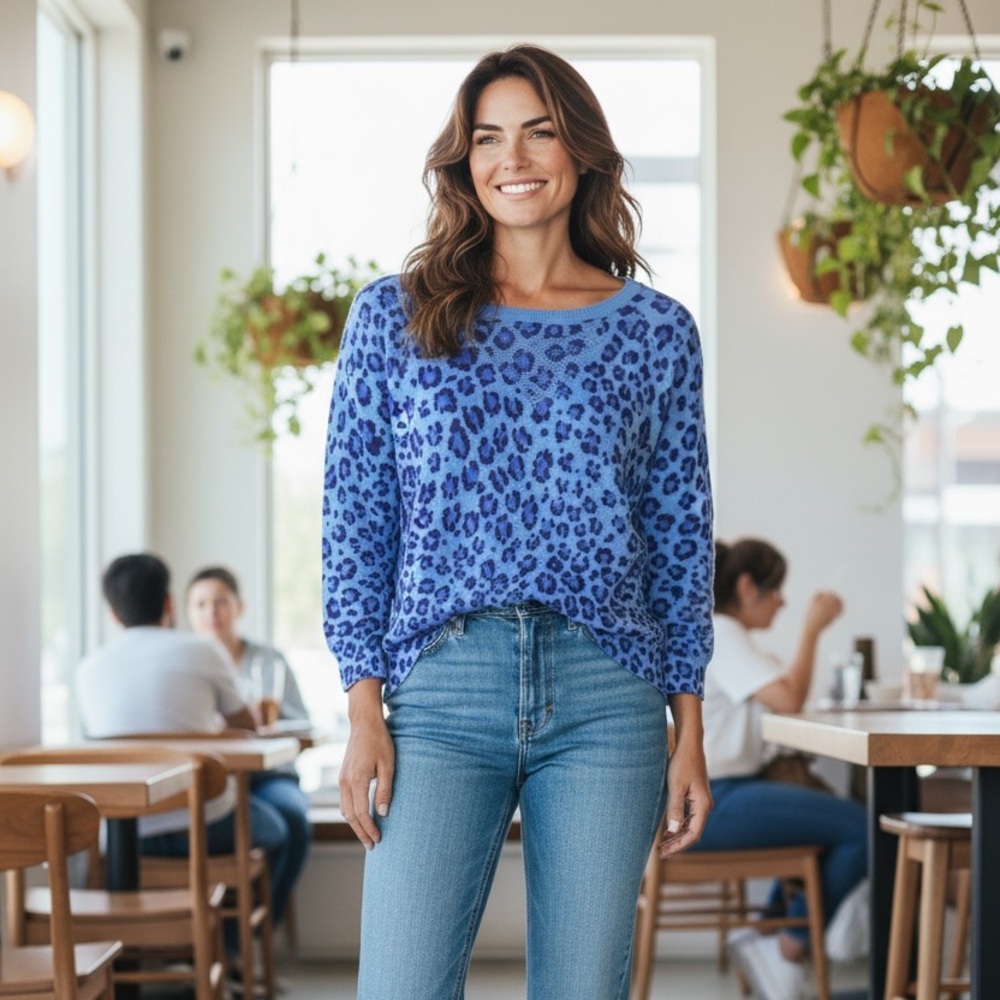 Jones New York Sport Women’s Sweater Blue Leopard Print 3/4 Sleeve Size S - Picture 1 of 7